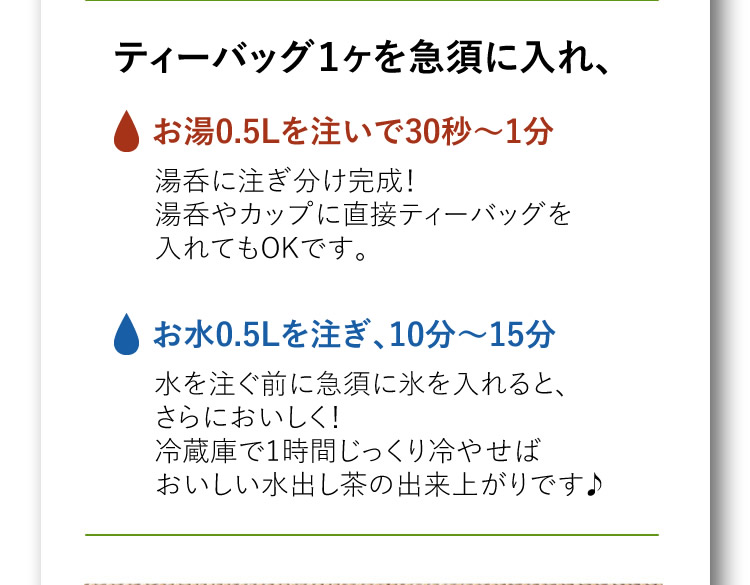 ティーバッグ1袋を入れ お湯0.5Lを注いで1分 お水を0.5Lを注いで10から15分