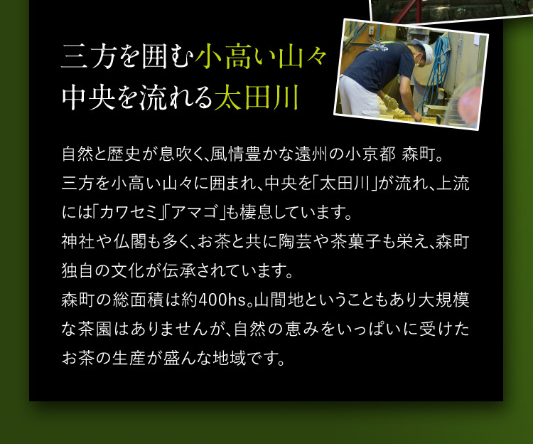 三方を囲む小高い山々 中央を流れる太田川 自然と歴史が息吹く、風情豊かな遠州の小京都森町。三方を小高い山々に囲まれ、中央を「太田川」が流れ、上流には「カワセミ」「アマゴ」も棲息しています。神社や仏閣も多く、お茶と共に陶芸や茶菓子も栄え、森町独自の文化が伝承されています。森町の総面積は約400hs。山間地ということもあり大規模な茶園はありませんが、自然の恵みをいっぱいに受けたお茶の生産が盛んな地域です。